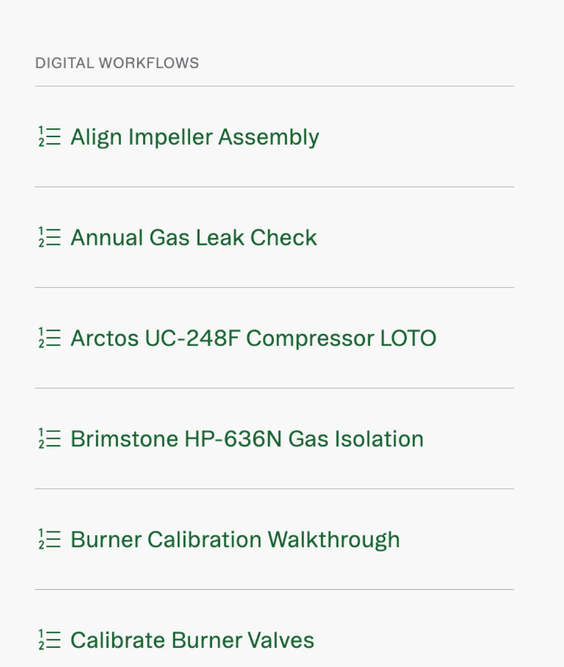 A digital workflows column listing procedures alphabetically from Align Impeller Assembly down past Clean Burner Ports, each on its own ruled row.
